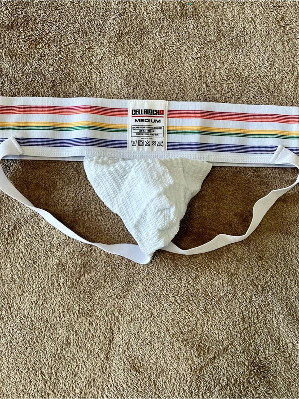 CellBlock 13 Medium White Jockstrap with Rainbow Stripe Waistband